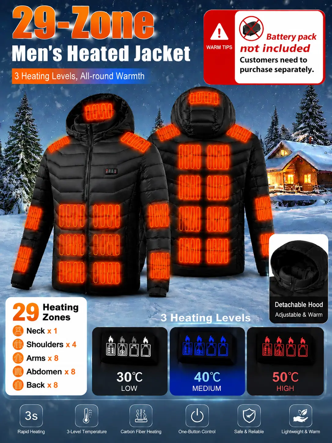 Men's heated jacket, couple style, Zone 29 heating with 4 control switches, windproof jacket, casual fashion, perfect for everyday wear, camping or cycling to keep warm and protected from the cold [battery pack not included]