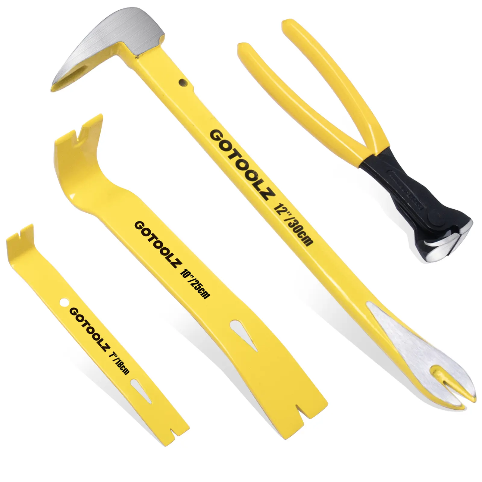 4-Piece Pry Bar Set, 12-Inch Utility Claw Pry Bar, 10-Inch & 7.5-Inch Flat Pry Bars Crowbar Claw, 8-Inch End Cutting Pliers, Nail Remover Tool for Baseboard, Floor, Nails Removal