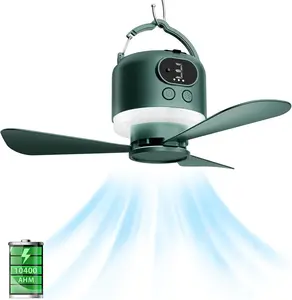 Wireless portable ceiling fan with remote control, 3-blade design, 10040mAh battery power, USB rechargeable hanging fan with hook, suitable for tents, camping, outdoor, emergency use (green)