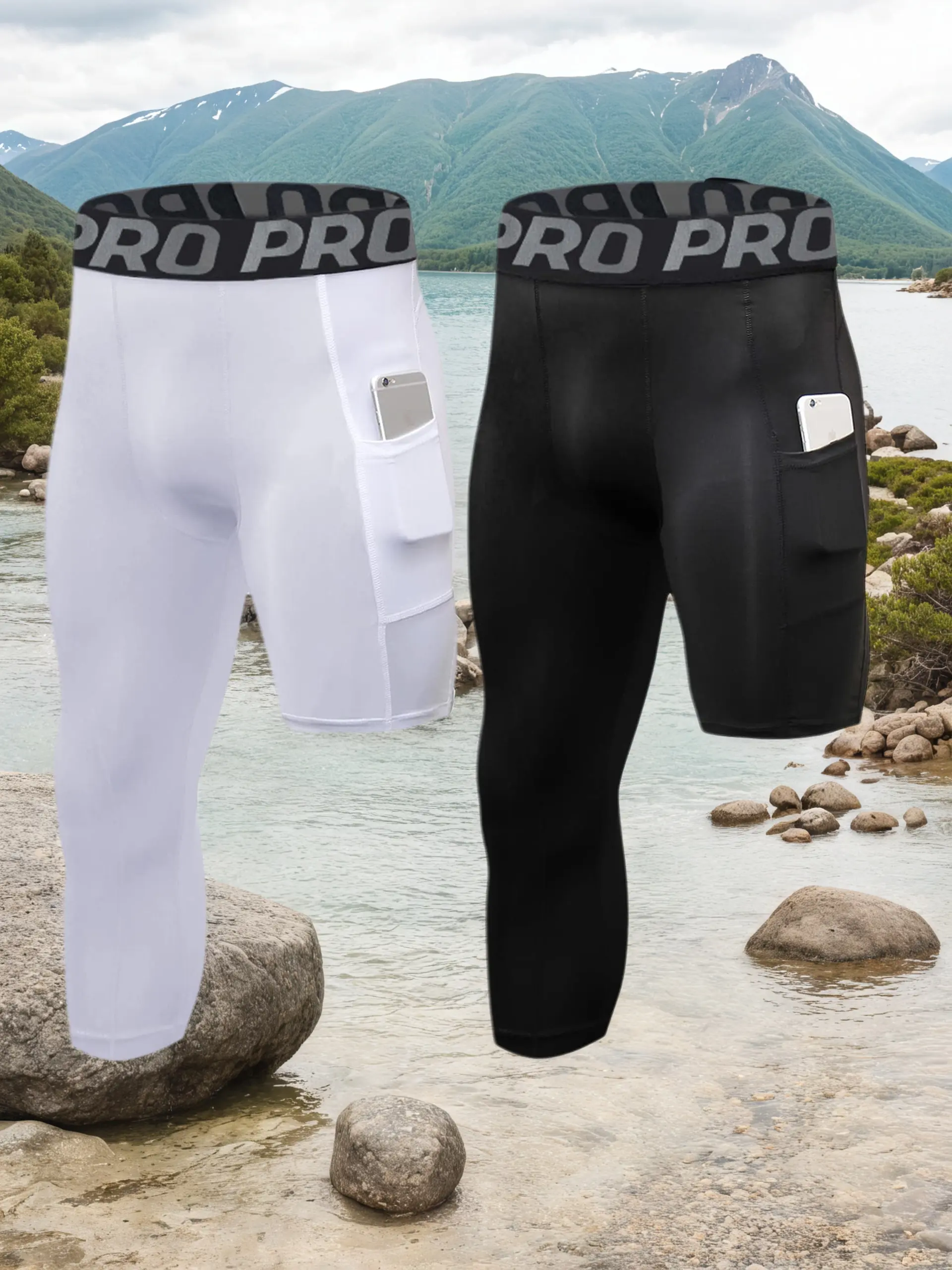 Men's 2-Pack 3/4 High Compression Fit Single-Leg Active Recovery Sports Leggings, Athletic Base Layer Gym Bottoms for Basketball, Running, Active Recovery Men's Sports Leggings