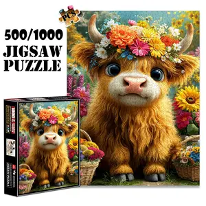 1pc 1000 piece adult puzzle 70x50cm Cute Highland Cow with Flower Crown and Baskets of Flowers 500 pieces of paper jigsaw puzzle, suitable for adults and families, large-scale DIY puzzle interactiv