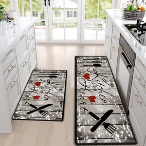 2pc Farmhouse Kitchen Rugs Non-Slip Washable Mats, Rustic Wood Print Design for Kitchen, Floor & Bathroom Decor, Machine Washable Rugs