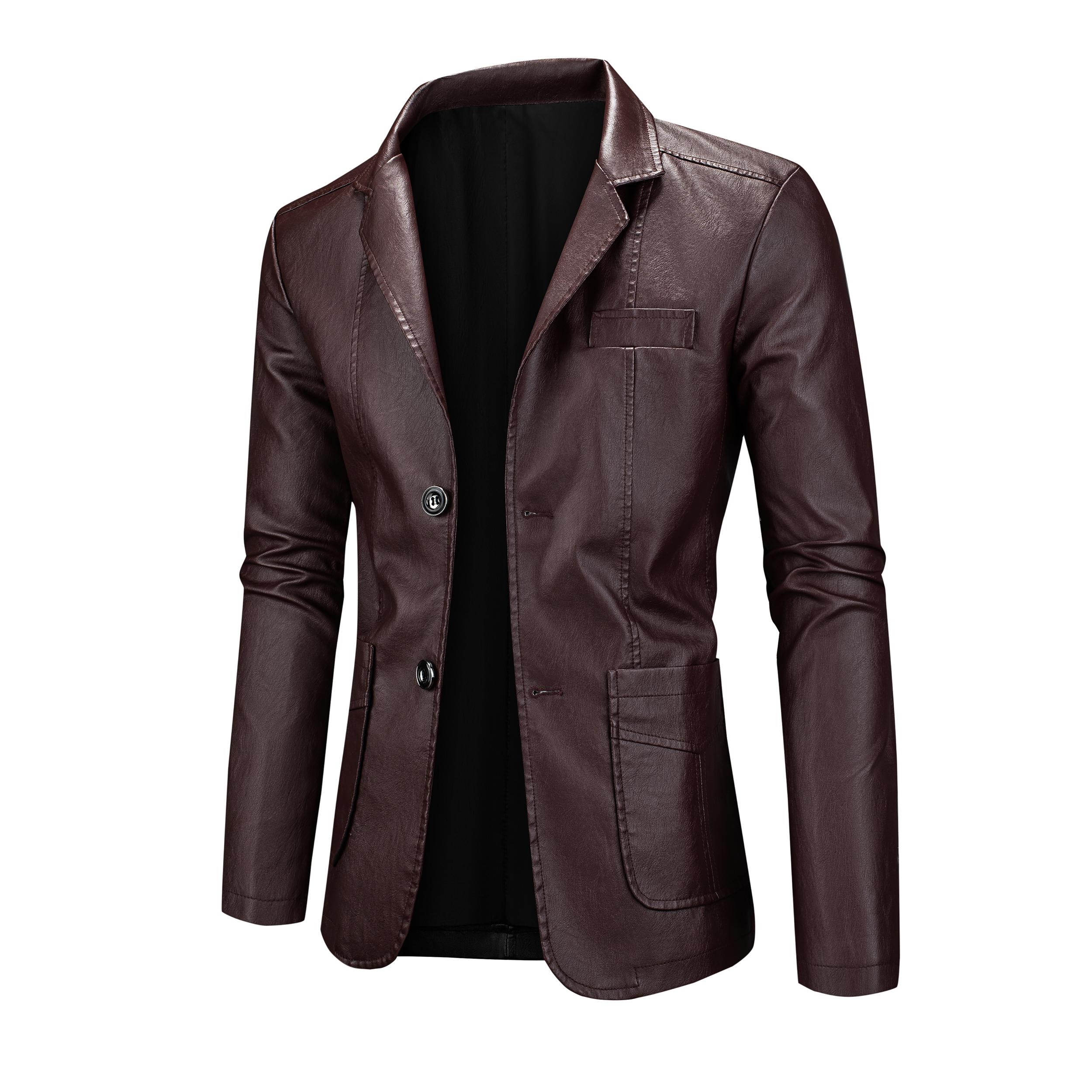 Men's Chic Faux Leather Slim-Fit Double-Button Blazer - Plain, Do Not Iron Business Casual Menswear for All-Seasons Commuting