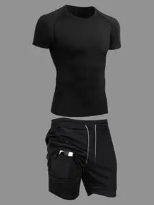 Men's Solid Round Neck Raglan Sleeve Tee & 2 in 1 Drawstring Shorts Tracksuit Set, Crew Neck Short Sleeve T-shirt & Pocket Shorts, Casual Sporty Outfits for Gym Workout Running