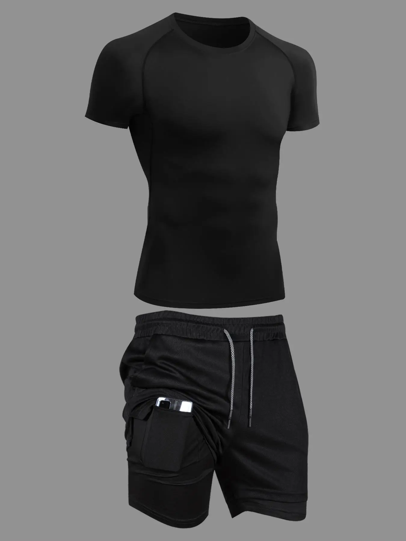 Men's Solid Round Neck Raglan Sleeve Tee & 2 in 1 Drawstring Shorts Tracksuit Set, Crew Neck Short Sleeve T-shirt & Pocket Shorts, Casual Sporty Outfi