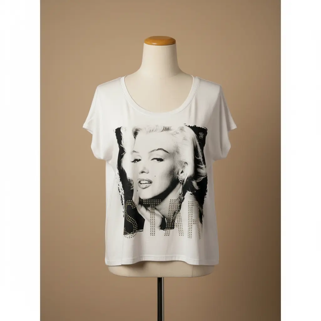 Women's Marilyn Monroe Statement Tee - Cotton-Blend Graphic Print Top with Star Studs, Short Sleeve Scoop Neck Style, Tshirt, Elegant, Stud Accents, Casual, Garment, Comfortable