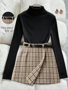 Elegant Women's Fall Knit High Stretch Long Sleeve Top, French Vintage Plaid Skirt Set with Waist Belt, Casual Commuter Two-Piece Suit