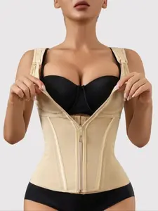 1 Count Women's Basic Solid Color Adjustable Hook Eye Closure Zipper Shapewear Tops, Fajas, Tummy Control Shapewear Underwear, Breathable High Elastic Fabric Girdle, Suitable For Travel Vacation, Office Use, Shapewear Body Sculpting