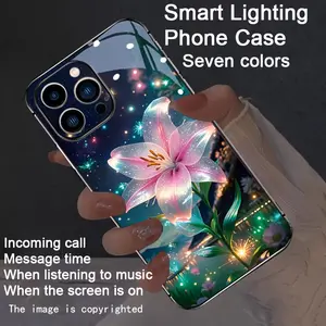 Pink lilies bloom quietly, colorful smart light-up phone case, new dazzling and trendy phone case, suitable for iPhone 16 Pro Max/16e/iPhone 15 Pro Max/iPhone 14 Pro Max/Plus/13/12, smart voice control, dazzling light-up, drop protection.