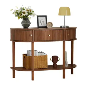 GiratreeFurniture 43.3“ Fluted Half Moon Console Table, Modern Entryway Console Sofa Table with Storage, Narrow Wood Accent Tables Behind Couch Tables for Living Room, Hallway, Foyer