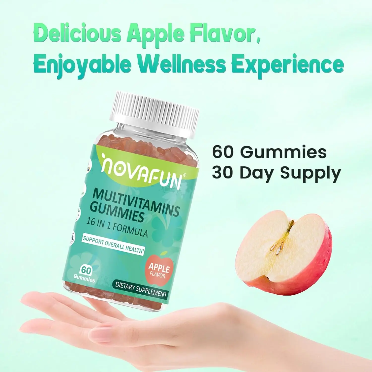 Novafun Multivitamin Gummies 16-in-1 Formula Apple Flavor 60 Count Vegetarian Gluten-Free Zinc & Magnesium for Overall Health