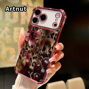 Four Corners Air Cushion Phone Case for iPhone 17 16 Pro Max 15 Plus 14 13 12 11 E Air Floral - Feline - Fusion Pattern Anti-drop Cell Electroplated Transparent Silicone Cover