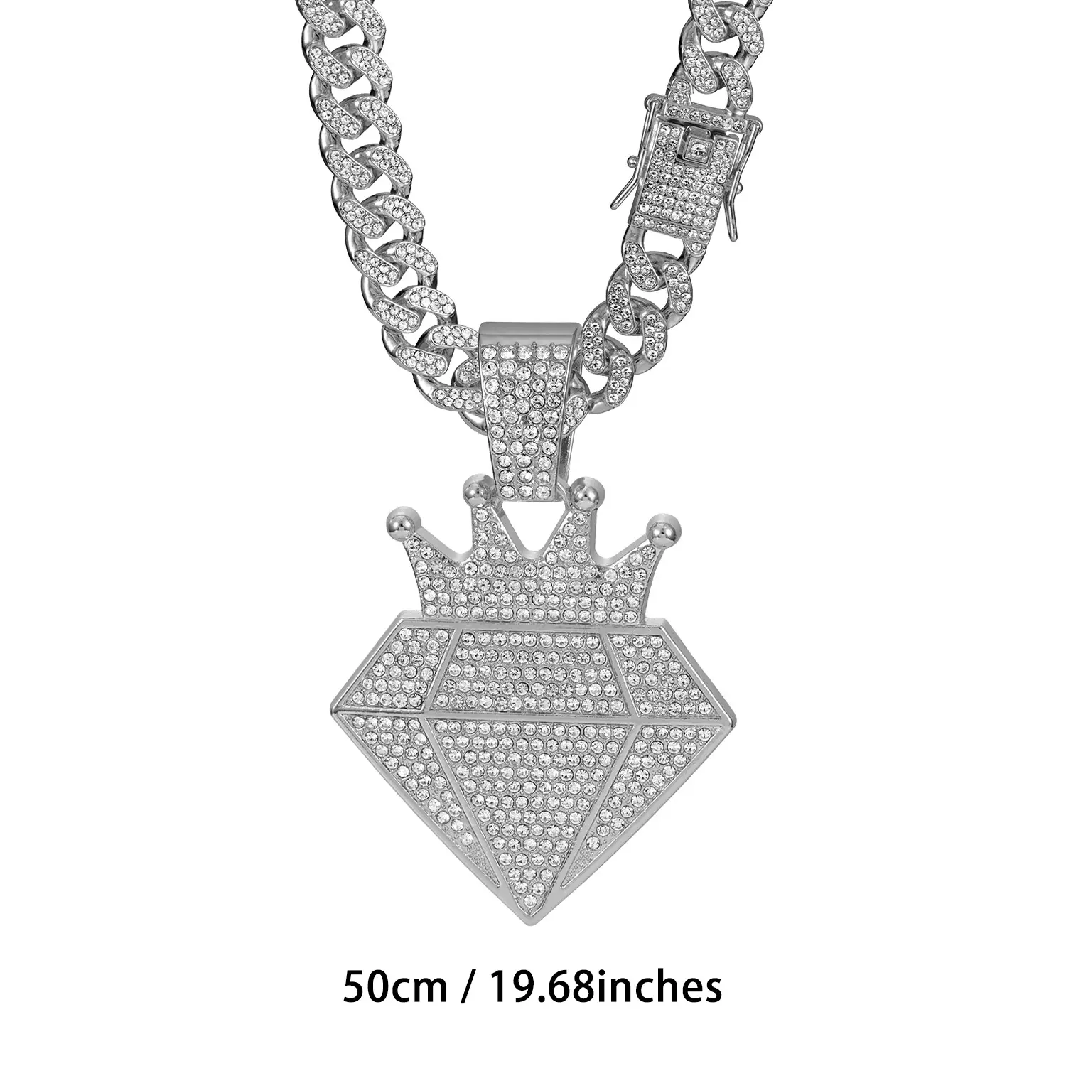 Hiphop Crown Diamond Full Drill Pendant Necklace, Alloy Chain, Street Trend Art Culture Jewelry, Unique Hip Hop Fashion Accessory
