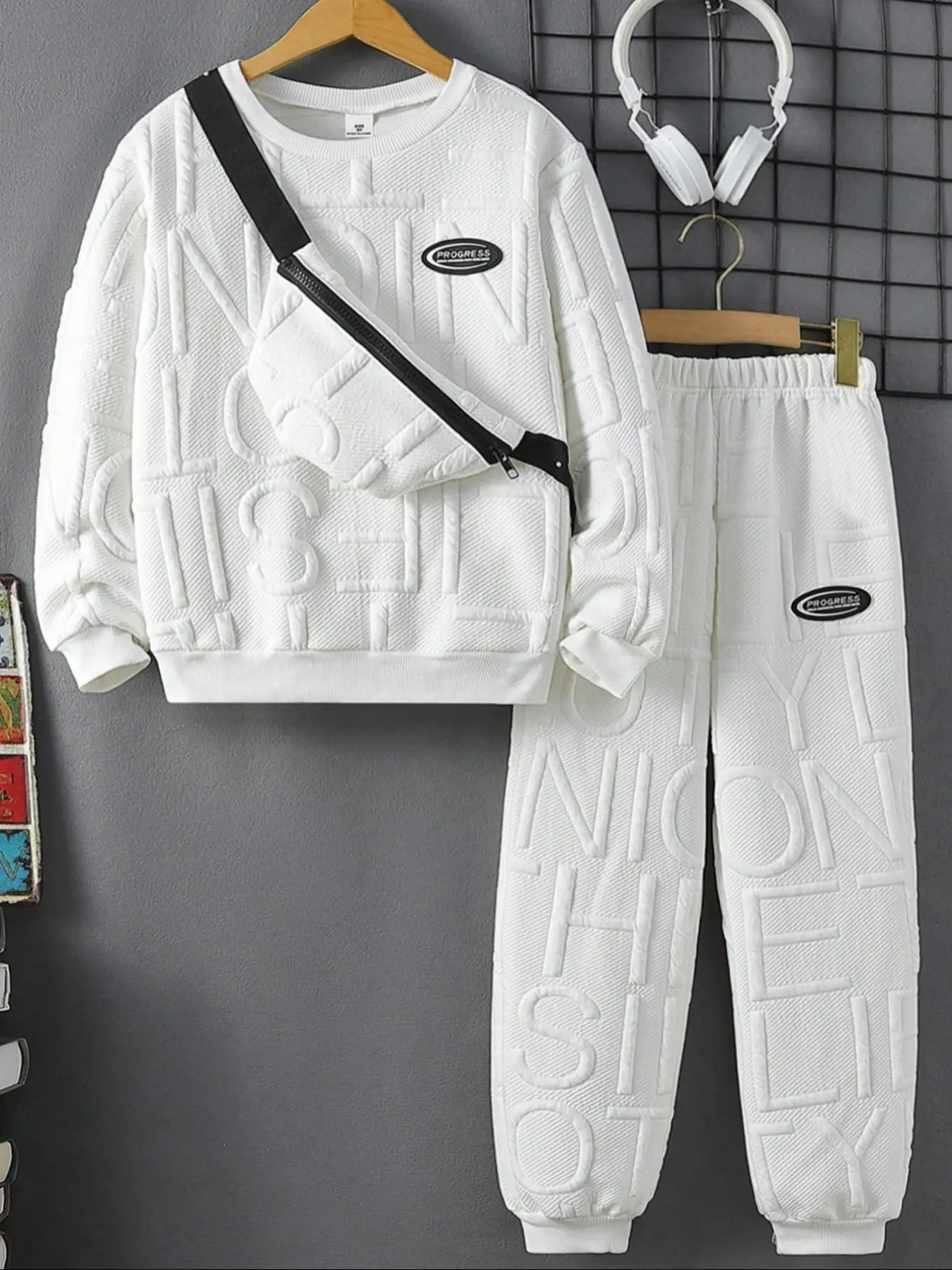 Three-piece Set Boy's Letter Embossed Sweatshirt & Elastic Waist Sweatpants & Sling Bag Set, Casual Long Sleeve Round Neck Pullover & Jogger Pants & B