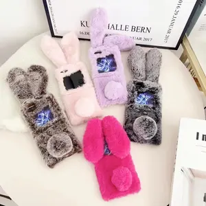 For Samsung Galaxy Z Flip 7 6 5 4 3 5G Luxury Cute Soft Fur Puff Rabbit Ear Phone Case Cover