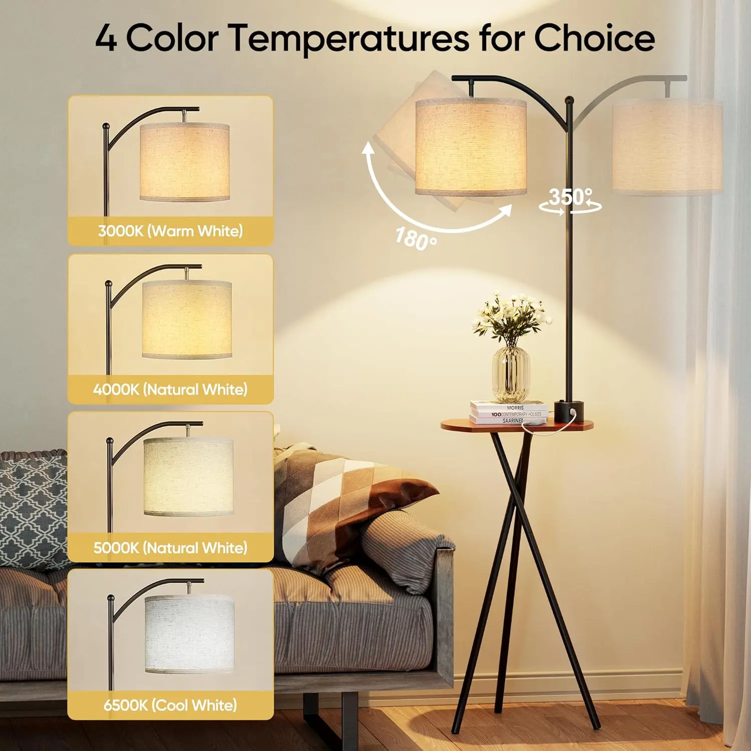 Floor Lamp with Table, End Table Lamp with Remote Control and Charging Station(USB A & Type-C & AC Port), 4 Color Temperatures, Floor Lamps for Living Room, Bedroom and Home Office,Black