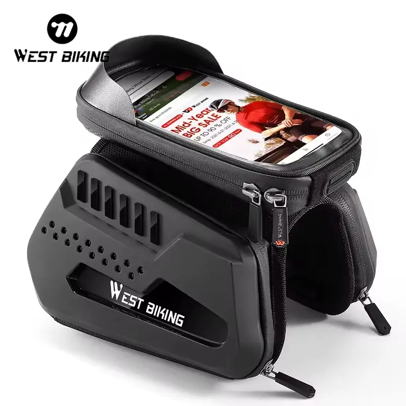 WEST BIKING New Waterproof Hard Shell Bicycle Phone Holder Bag Mountain Road Bike Cycling Touch Screen Top Front Tube Frame Bag Durable Waterproof Bag Bicycle Accessories