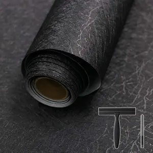 15.7"x118" Black Embossed Silk Adhesive Wallpaper, Glue-Free Self-Adhesive Vinyl Wallpaper, Renter-Friendly Removable Waterproof Contact Paper for Kitchen Cabinets & Furniture