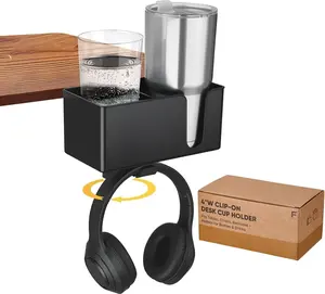 4-in-1 Clip On Desk Cup Holder - Adjustable Mountable Cup Holder with Divider & Rotating Hook - Large No Spill Clamp On Drink Holder Attachment - for Desk Chair Table Bed Tray - Black