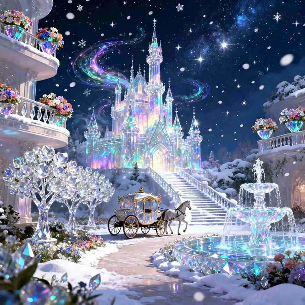 Crystal Ice Castle Aurora Starry Night Fantasy Cinderella Carriage Glitter Winter Wonderland 5D Full Drill Round & Square Diamond Painting Kit Fairy Tale Princess Dream Landscape DIY, Diy Diamond Art