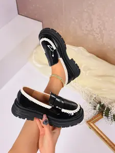 Women's & Colorblock Casual Wedge Shoes, Slip-On British Style Formal Leather Loafers, Lace Trim Design, All Seasons Wear, Walking Shoes