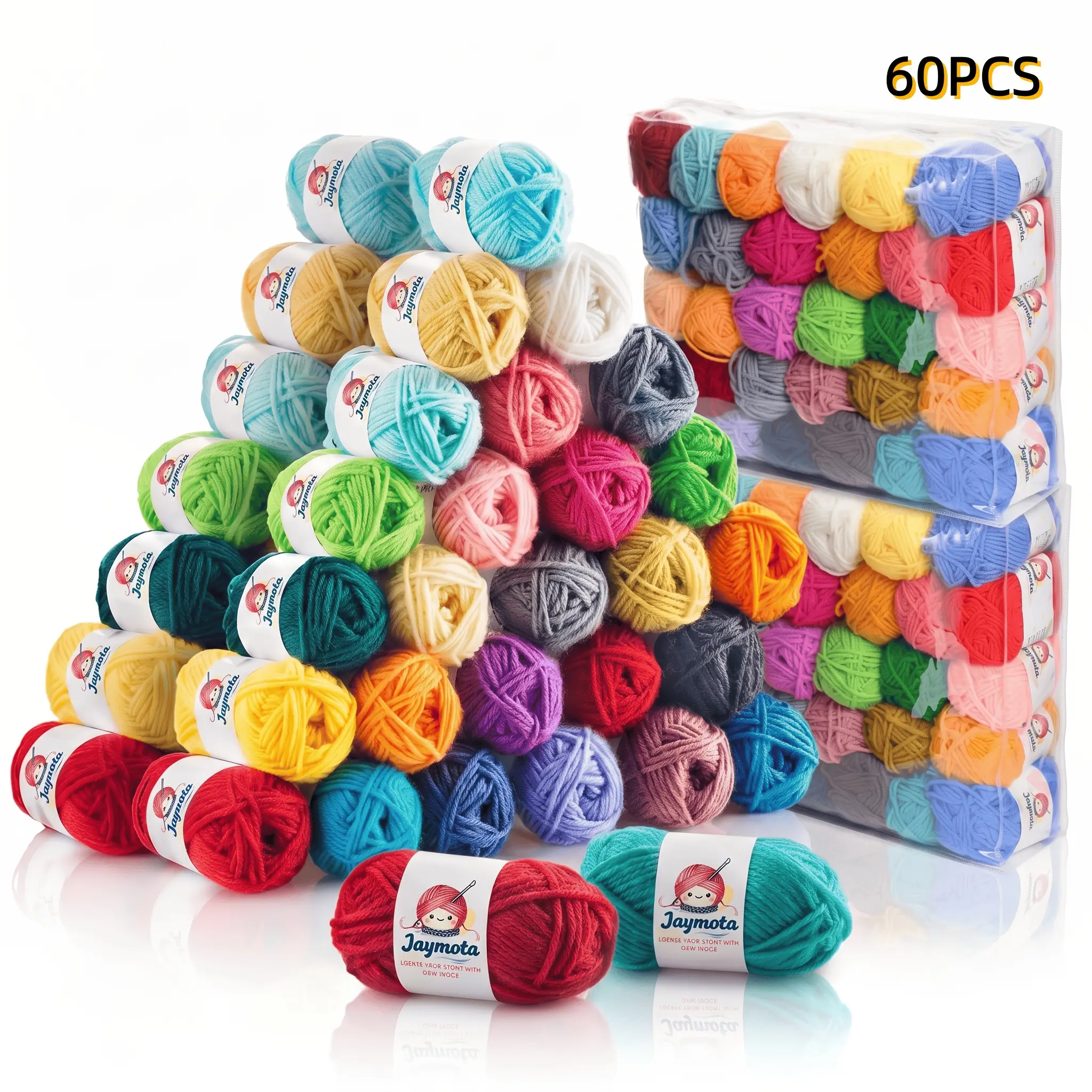 16/30/60 Pcs Soft Acrylic Yarn Skeins Set (25g/Skein) with Transparent Storage Bags, Assorted Rainbow Crochet Yarn Bulk Kit for Beginners & DIY Crafts