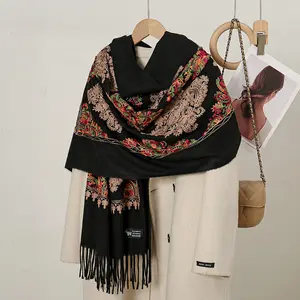 Autumn Winter Ethnic Style Flower Embroidery Fringed Imitation Cashmere Versatile Scarf Temperament Fashion Warm Shawl Long Scarf