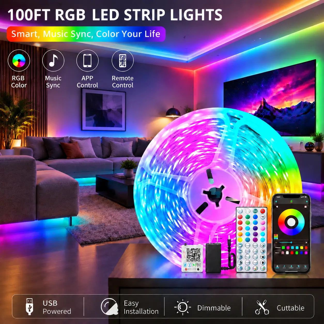 RGB Smart LED Light Strips - App & Remote Control, Music Sync Color Changing, Indoor Lighting for Bedroom Decor, College Dorm Room Decor, Bedroom Items, College Dorm Shopping, Things for Rooms, Cool Stuff For Room