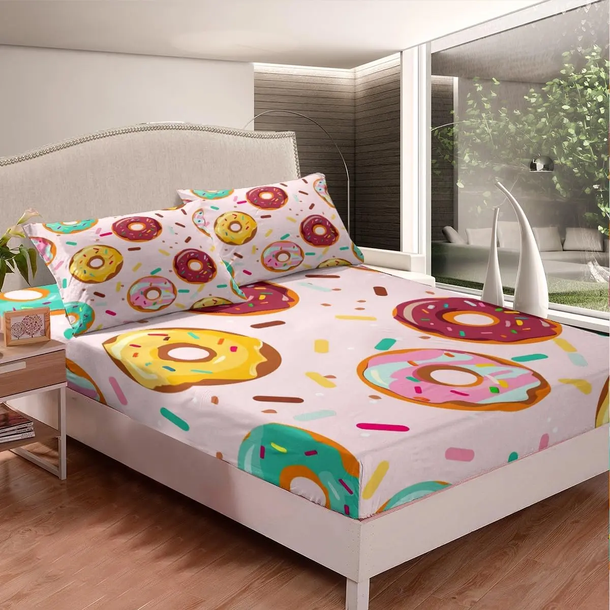 Feelyou Donuts Printed Microfibre Bedding Set with Printed Fitted Sheets - Twin/Queen Size, Pink Girly Sweet Food Themed Bed Cover, Pillowcase, Dessert-Inspired Gift for Girls