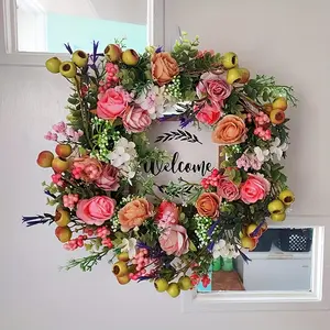 Spring Summer Wreath for Front Door, 18 inch Artificial Berries and Colorful Flower Wreath with Welcome Sign, Spring/ Summer Greenery Wreath for Front Door Wall Window Festival Decor