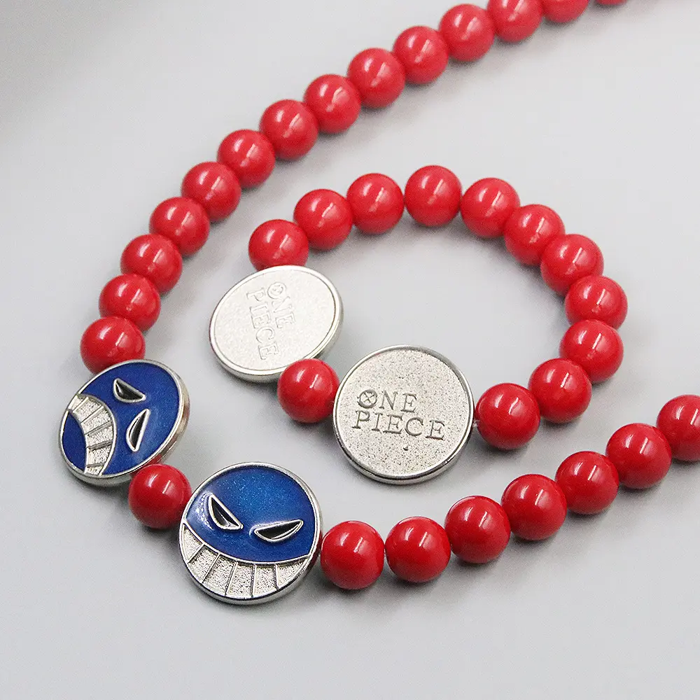 One Piece Anime Merch Set, Red Beaded Bracelet & Crying Smiley Face Pendant Necklace Keychain, Unisex Daily Jewelry Ornament, Ideal Graduation Gift for One Piece Fans