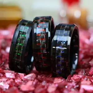 [Black Tungsten Rings] 3pcs Black Tungsten 8mm Rings Set |   316L Stainless Steel, Gun Black Plated, Carbon Fiber Inlay, Non-Magnetic, Business Style - Anniversary, Valentine's, Mardi Gras, Father's Day Gifts