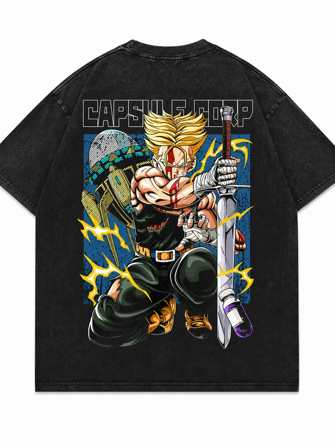 Men's DBZ Future Trunks Golden Saiyan Warrior Capsule Corp Cotton Oversized Tee - All Seasons, Casual, Chic, Vintage Washed, Sword Warrior Graphic, Holiday T-Shirt, Korean, Letter Print, Loose-Fitting, Machine Washable, Short Sleeve Tops, Double-Sided, Me