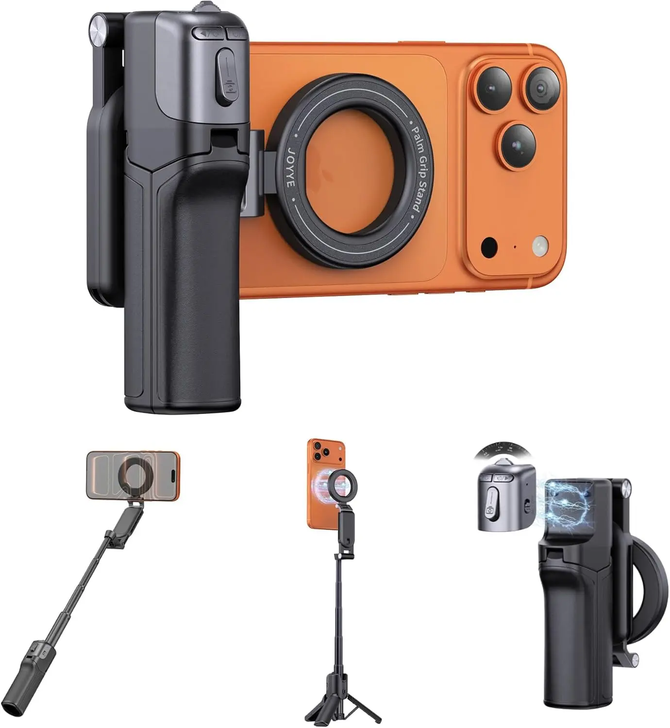 JOYYE 6-in-1 Magnetic Smartphone Selfie Stick Tripod - Mobile Phone Accessory Kit, Adjustable Zoom, Remote Control, Extendable Stabilizer, Black, 3 Magnetic Rings, MagSafe iPhone & Cellphone Vlogging Cable