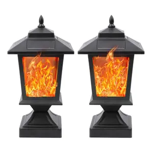 Hoodink Solar Flame Post Lights Outdoor, Solar Powered Lamps Fence Post Cap Lights, Flickering Flame LED Lantern Decorative IP44 for Garden Deck Patio Railing Dock Fence Stairs Decor, Fit 4x4, 5x5 Or 6x6 Wooden Posts