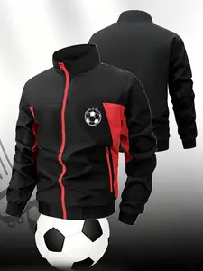 Men Contrast Panel Athletic Track Jacket Soccer Game Day Print Stand Collar Long Sleeve Full Zipper Soccer Training Running Outerwear Casual Outdoor Sports Fitness Coat