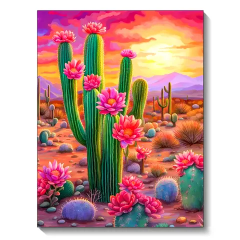 DIY Cactus Landscape Diamond Art Kit - Full Square/Round Drills, Rhinestone Beads, Mixed Textile, Cross-Stitch Gemstone Inlay, Sticky-Safe Film, Handcraft Making Supplies, Adult Stress Relief, Perfect Gift for Friends' Room Decoration
