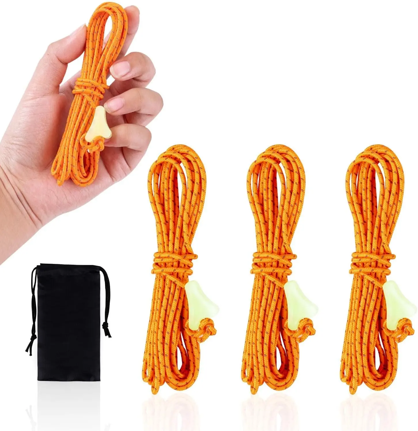 Ultralight Tent Guy Ropes - 2mm Reflective Guyline, UHMWPE Camping Guide Rope with Luminescent Tensioner for Outdoor Camping Hiking Awning Tents (Orange, 4M)