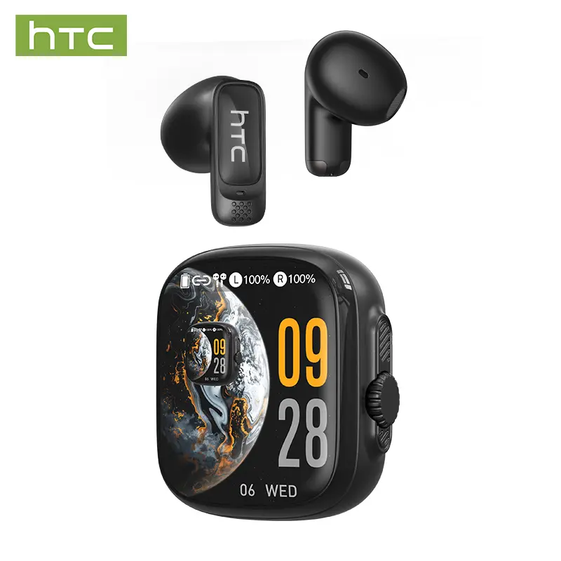 HTC NE72 In-Ear Bluetooth Earbuds — Featuring Bluetooth 6.0, a charging case with built-in speaker functionality, a smart touchscreen, and water resistance; designed for gaming and calls, with a fit suitable for side-sleeping.