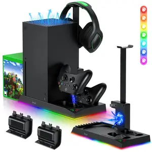 MENEEA RGB Charging Stand with Cooling Fan for Xbox Series X Console & Controller,Dual Charger Station Cooler System Accessories with 15 RGB Lights,2 x 1400mAh Rechargeable Battery,Headphone stand,Game Discs Smartphone box controller xbox controller