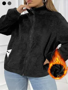 Autumn Winter Casual Loose High Neck Zippered Jacket Coat with Pockets, Fleece Lined, Long Sleeve, Plus Size, Plain Pattern