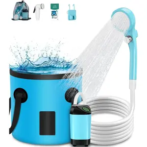 Portable Shower for Camping, Outdoor Electric Shower Rechargeable Pump with 20L Collapsible Bucket, Camping Shower Head Nozzle for Camping, Hiking, Traveling, Washing