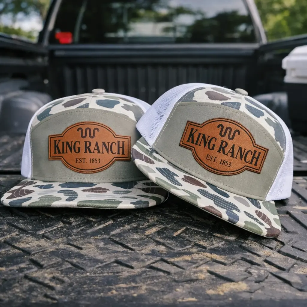 King Ranch Duck Camo Trucker Hat, Leather Patch 7 Panel Snapback, Mesh Back Hunting Cap, Western Ranch Hat, Outdoor Camo Flat Bill Hat, Gift for Hunter
