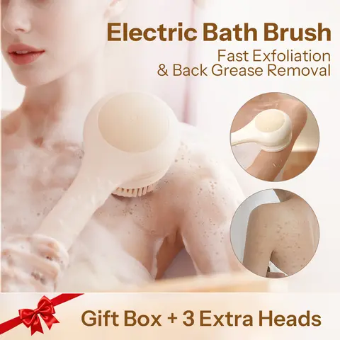 Oh,XIYU. XiyuYouth (She-You) XY1 Plus Rechargeable Waterproof Electric Bath Brush Kit - 6 Brush Heads, Dual Handle Back Scrubber, Smooth Exfoliating Cleansing Accessory for Back Grease, Home SPA Gift in Box