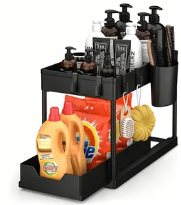 2pcs/1pc 2 Tier Pull Out Under Sink Storage Organizer with 4 Hooks and Side Cup, Sliding Under Cabinet Basket Drawer, Black Under Sink Shelf Rack for Kitchen Bathroom, Space Saving Storage for Cleaning Supplies, Detergent, Shampoo, Conditioner