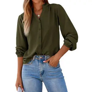 Dokotoo Womens Tops Blouses for Women Dressy Casual Button Down Shirts V Neck Long Sleeve Shirts Business Work Blouses