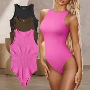 Women's 3 Piece Bodysuits Sexy Ribbed Crew Neck One Piece Racerback Halter Tank Top Bodysuits