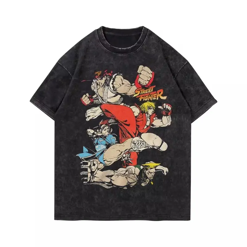 Men's Vintage Pure Cotton Distressed Short-Sleeve T-Shirt - Menswear, Round Neck, Street Fighter Group Photo Print, Chun-Li Design, American Retro Casual Loose Streetwear Top