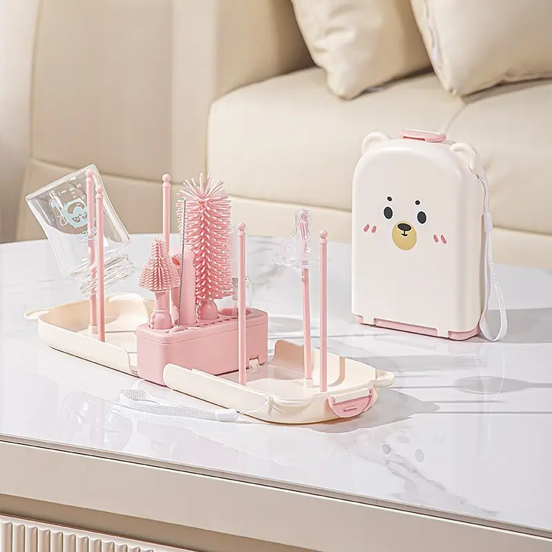Portable Newborn Baby Bottle Brush Cleaning Set, Infant Bottle Drying Rack, High Aesthetic Silicone Nipple Cleaner, Essential Baby Care Tool, Bottle Cleaning Kit