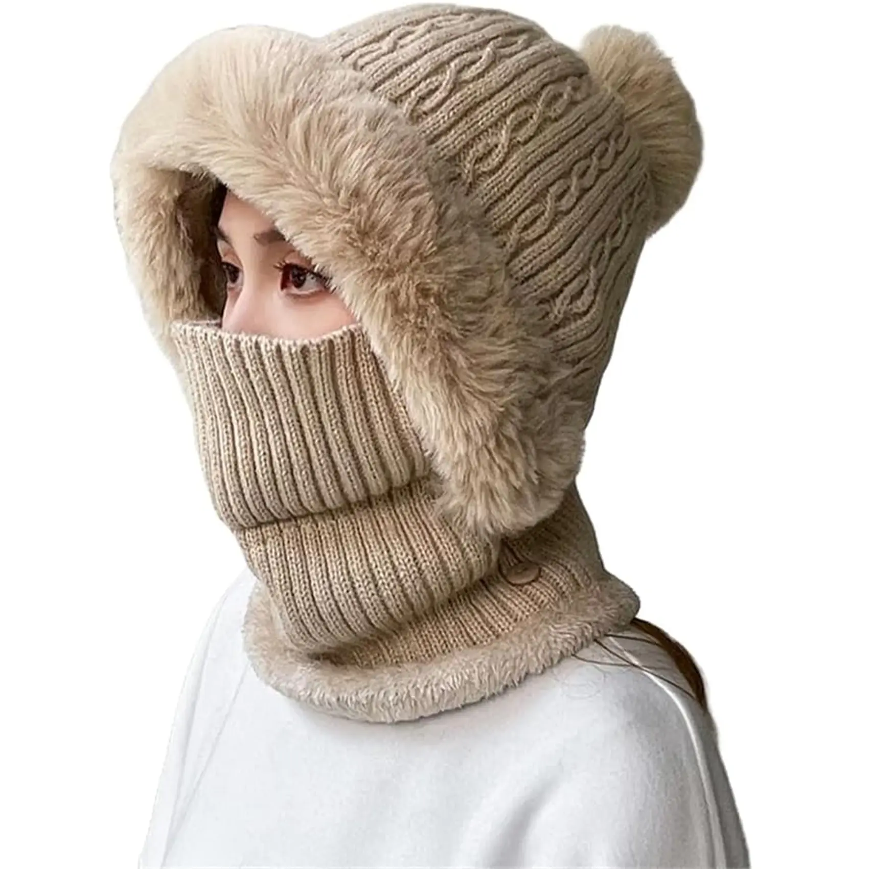 Women One-Piece Winter Warm Beanie Hat Scarf Mask Set, Fleece Lined Knit Cap with Pompom, Thick Plush Skull Cap Balaclava Neck Warmer for Outdoor Activities and Cold Weather